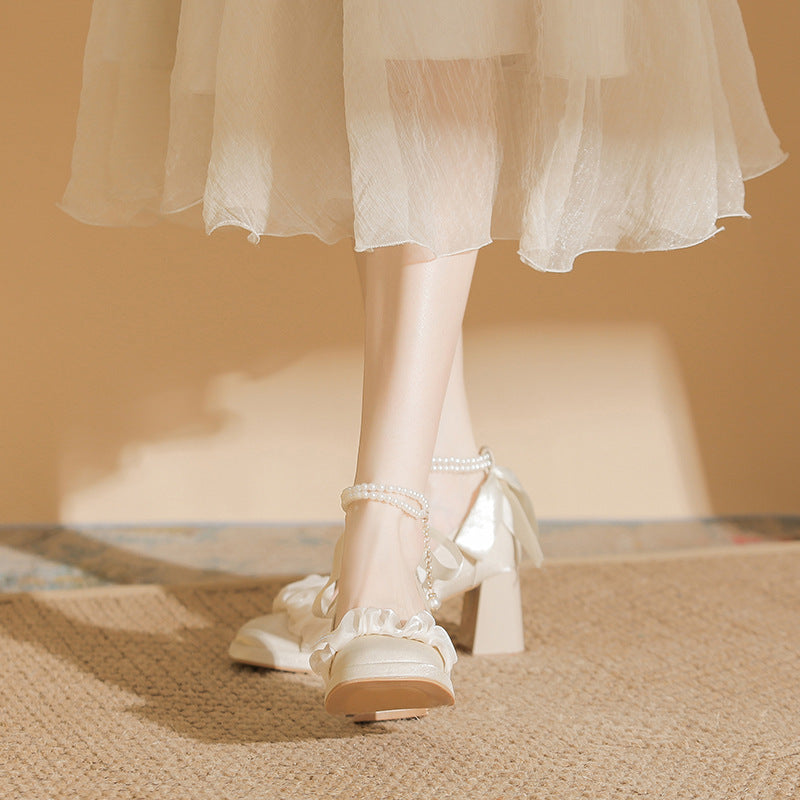 Women's High Chunky Lady Style Gentle Bridesmaid Vintage Pearl Mary Jane Women's Fashion Shoes
