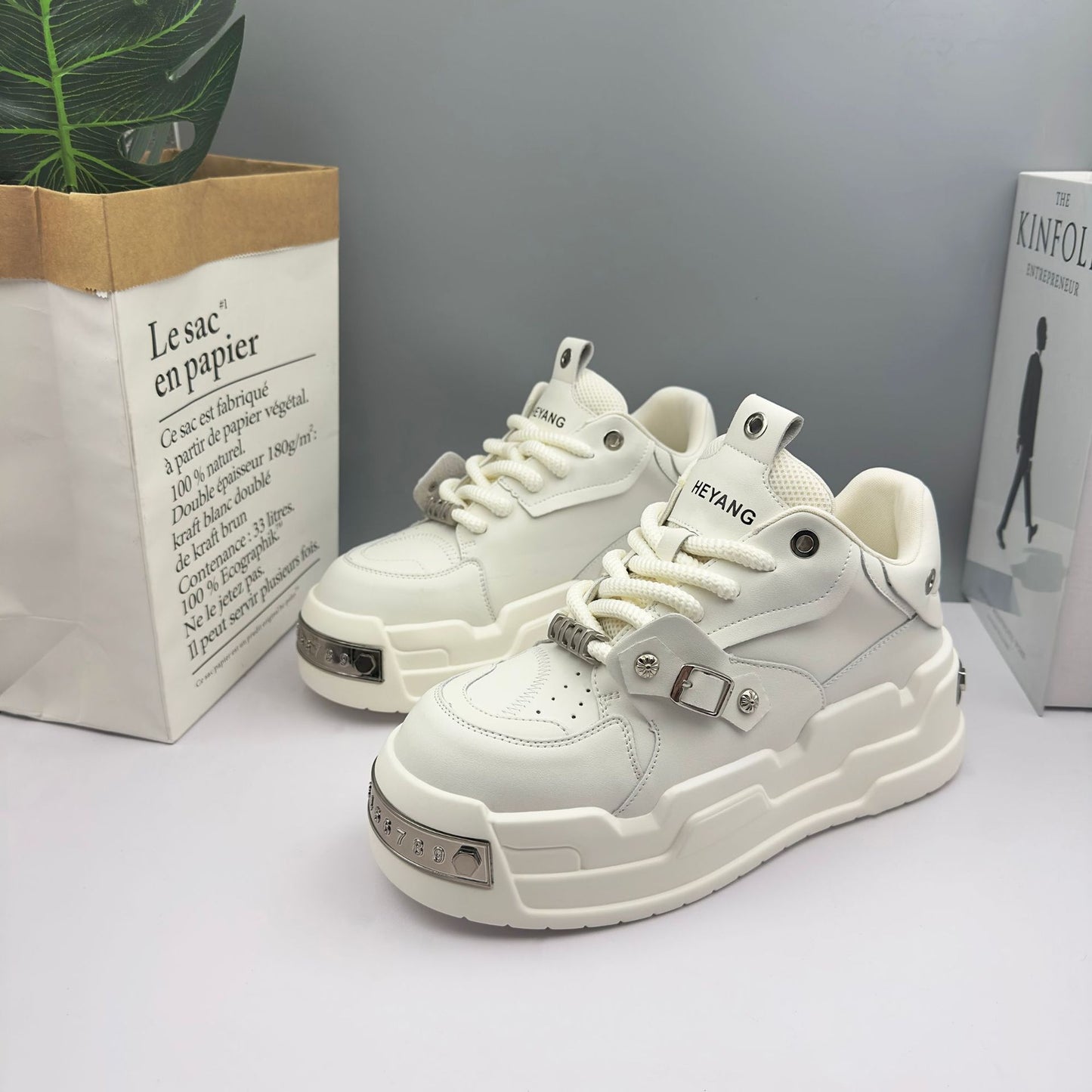 Women's & Men's Bread Thick Sole Height Increasing Fashionable White Design Couple Men's Casual Shoes