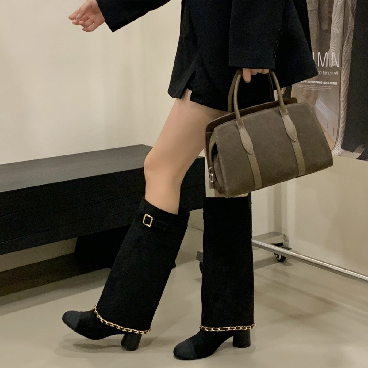 Fashionable Thick Color Matching Chain High Female Women's Leather Boots