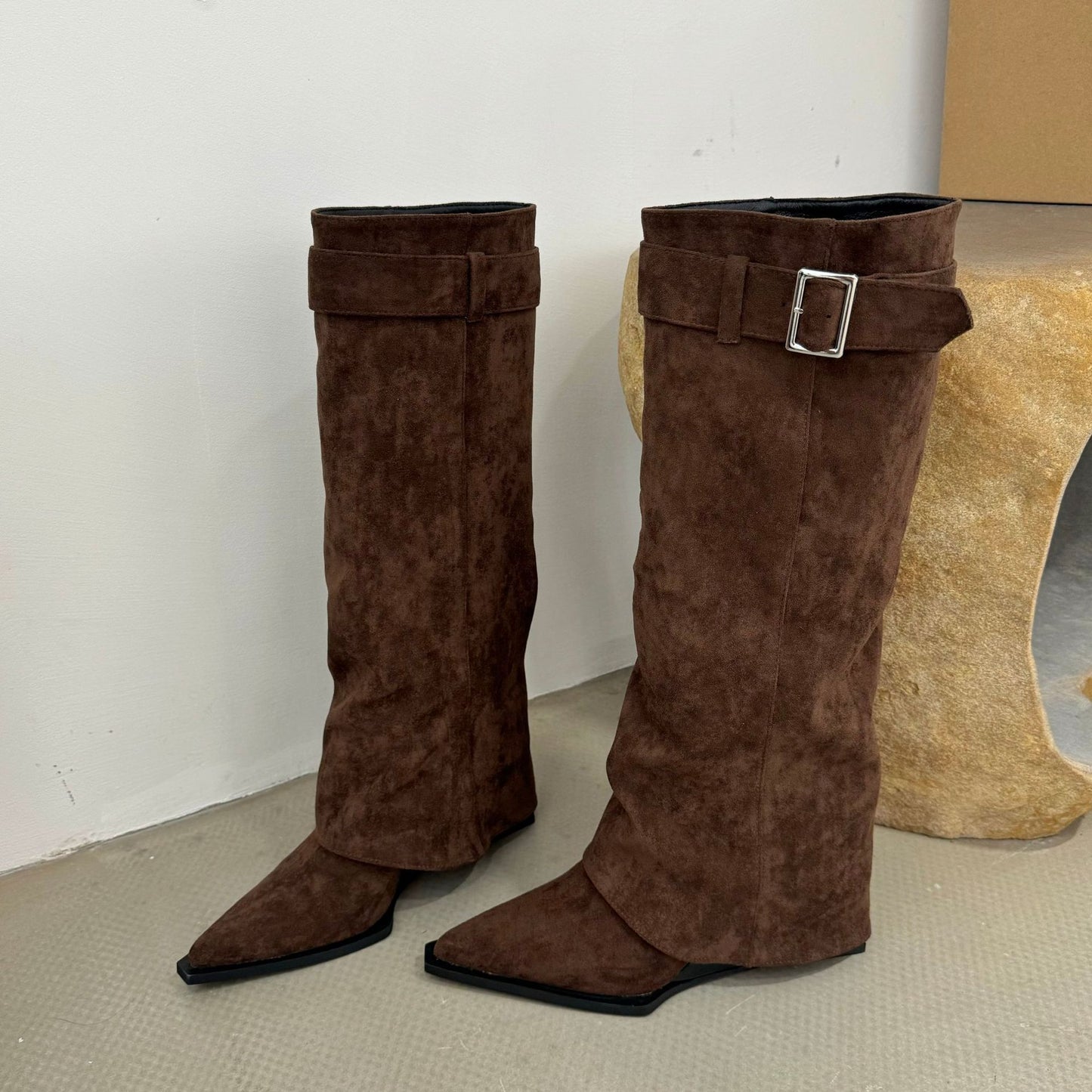 Wedge Suede High Pointed Toe Pantyhose Long Boots