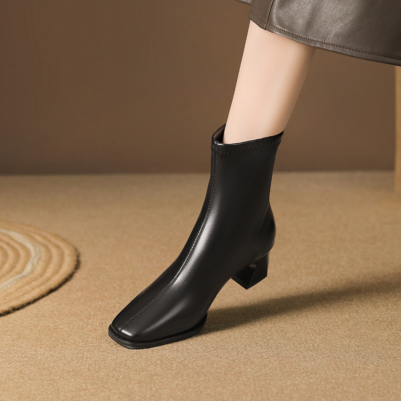 Women's Style Chunky Short Commuter Back Zipper Elastic Square Toe Boots