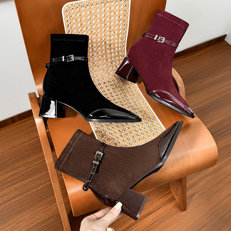 Women's Red Cashmere Stitching Square Toe Booties Chunky High Skinny Joker Heels
