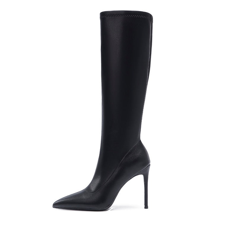 Women's Below The Knee High-heel Zipper Black Pointed Women's Leather Boots