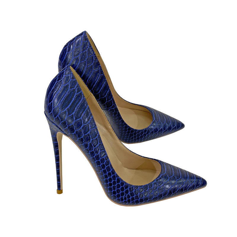 Blue With Snake Texture High Pointed Toe Stiletto Heels