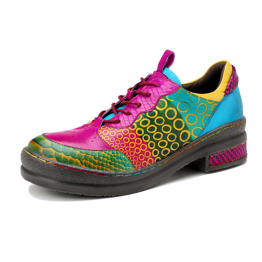 Women's Genuine Retro Contrast Color Chunky Flat Women's Fashion Shoes
