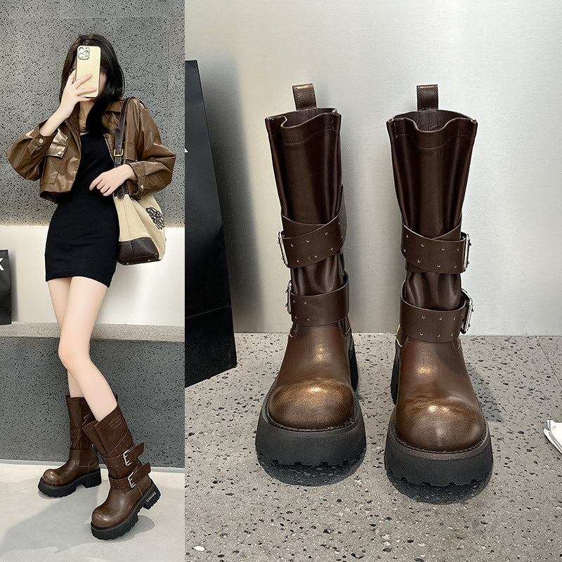 Women's Bottom Retro Big Head Derby Punk Motorcycle Knight Women's Leather Boots