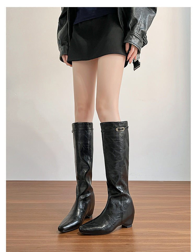 Women's Cowhide Version Small Height Increasing Insole High-heeled Women's Leather Boots
