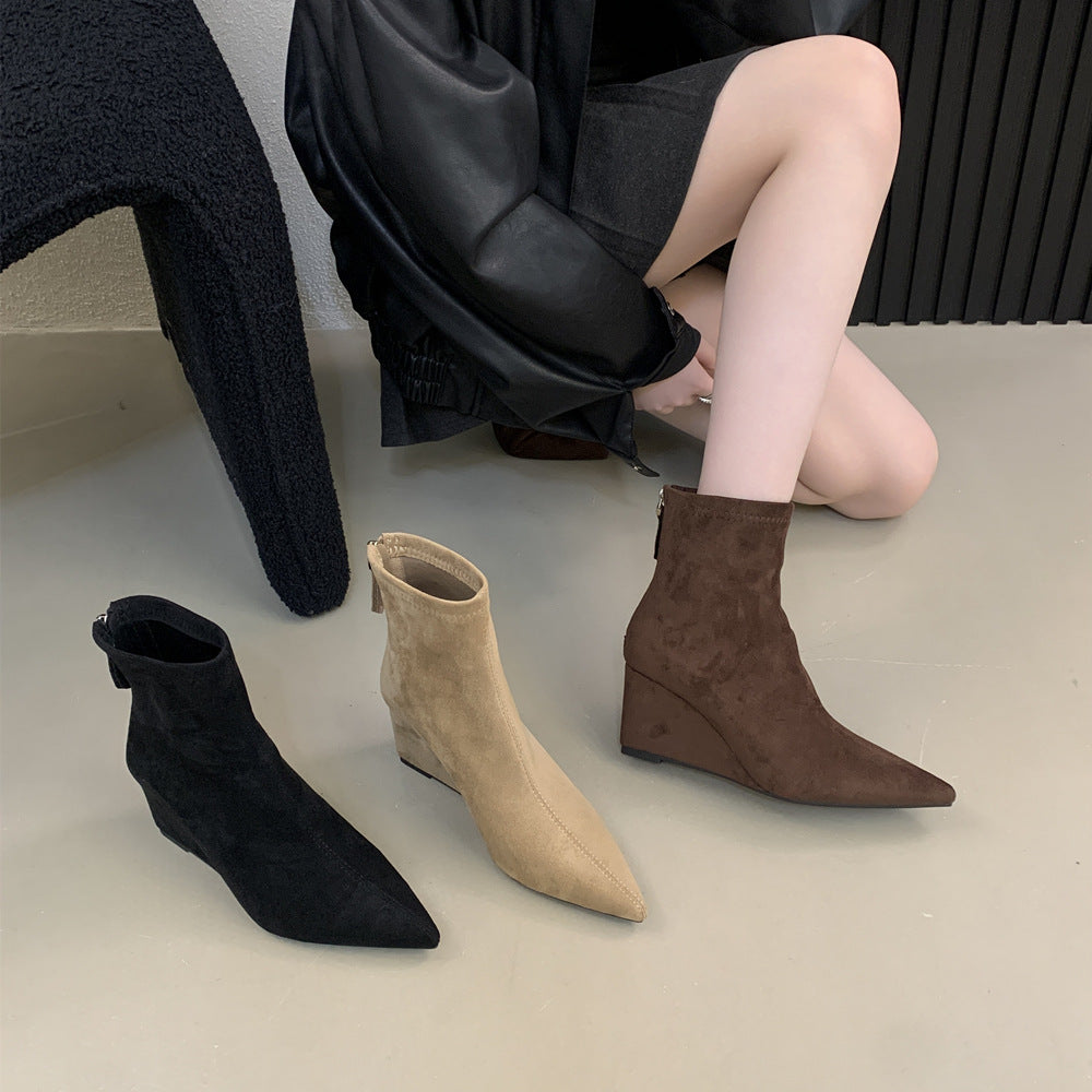 Women's Pointed Toe Back Zipper High-heeled Skinny High-grade Wedge Women's Leather Boots