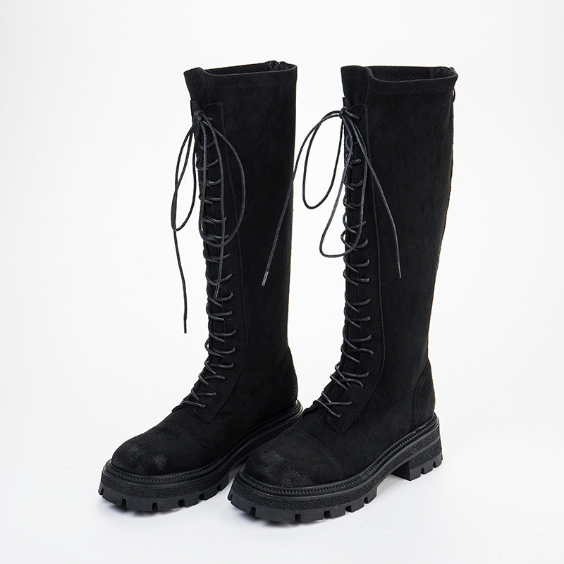 Below The Knee Slimming Elastic Thick Bottom Skinny Leg Women's Leather Boots