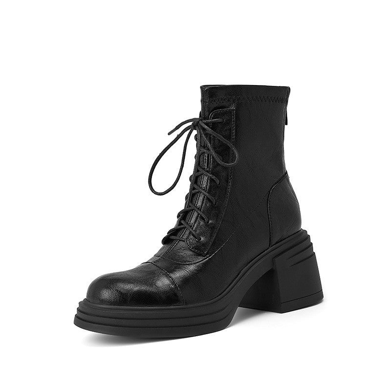 Thick Skinny Back Zip Platform Stretch Stitching Ankle Heels