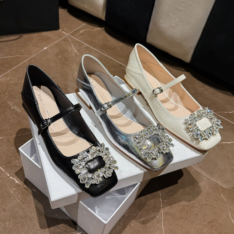 Square Toe Rhinestones Strap Buckle Low Low-cut Princess Women's Fashion Shoes