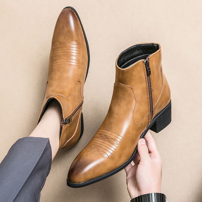 Men's Fashion Pointed High Chelsea Height Increasing Men's Leather Boots