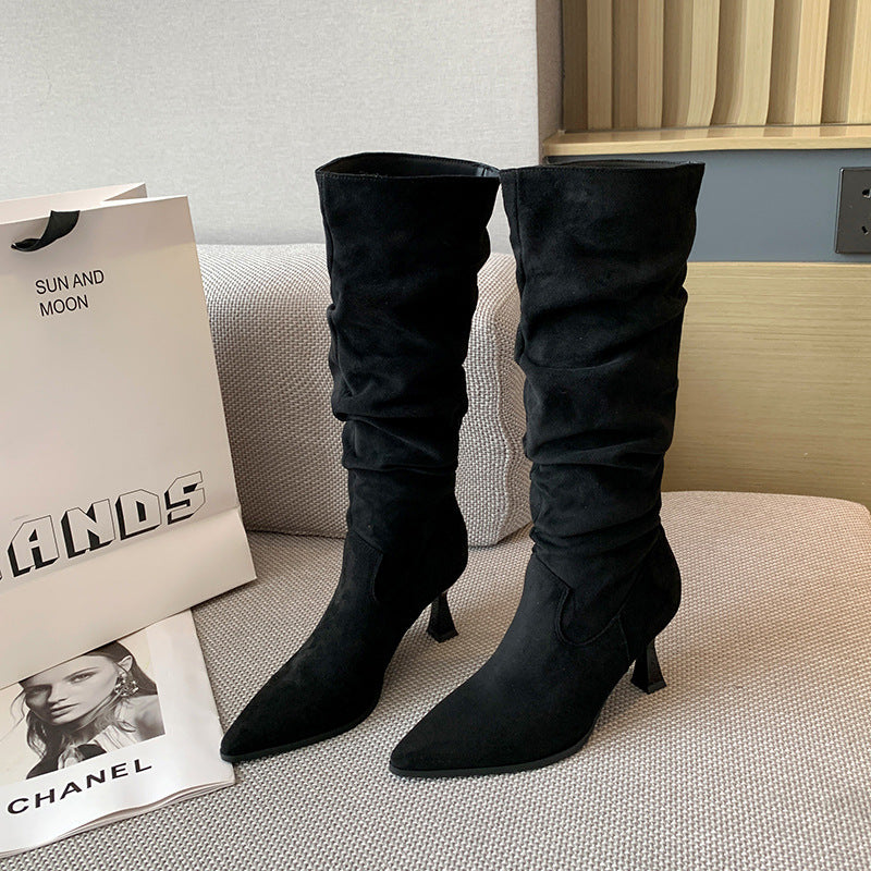 Women's Thick Leg Big Tube Circumference High Pointed Toe Pile Style Heels