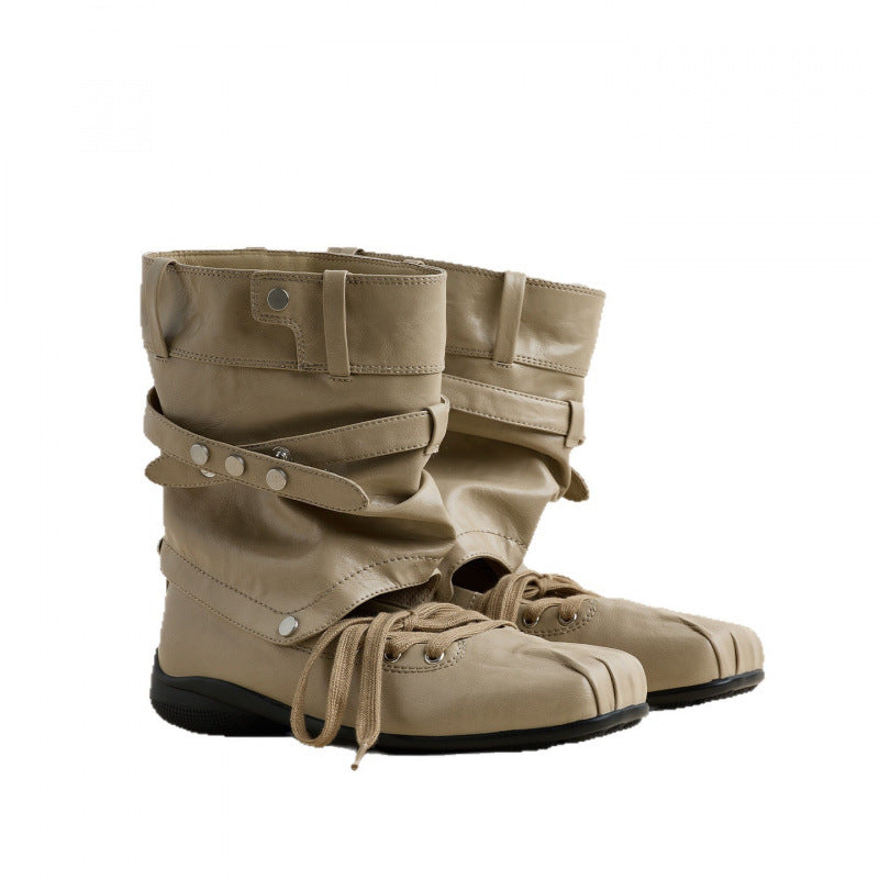 Women's Style Retro Square Toe Belt Buckle Detachable Two-way Thick Women's Leather Boots