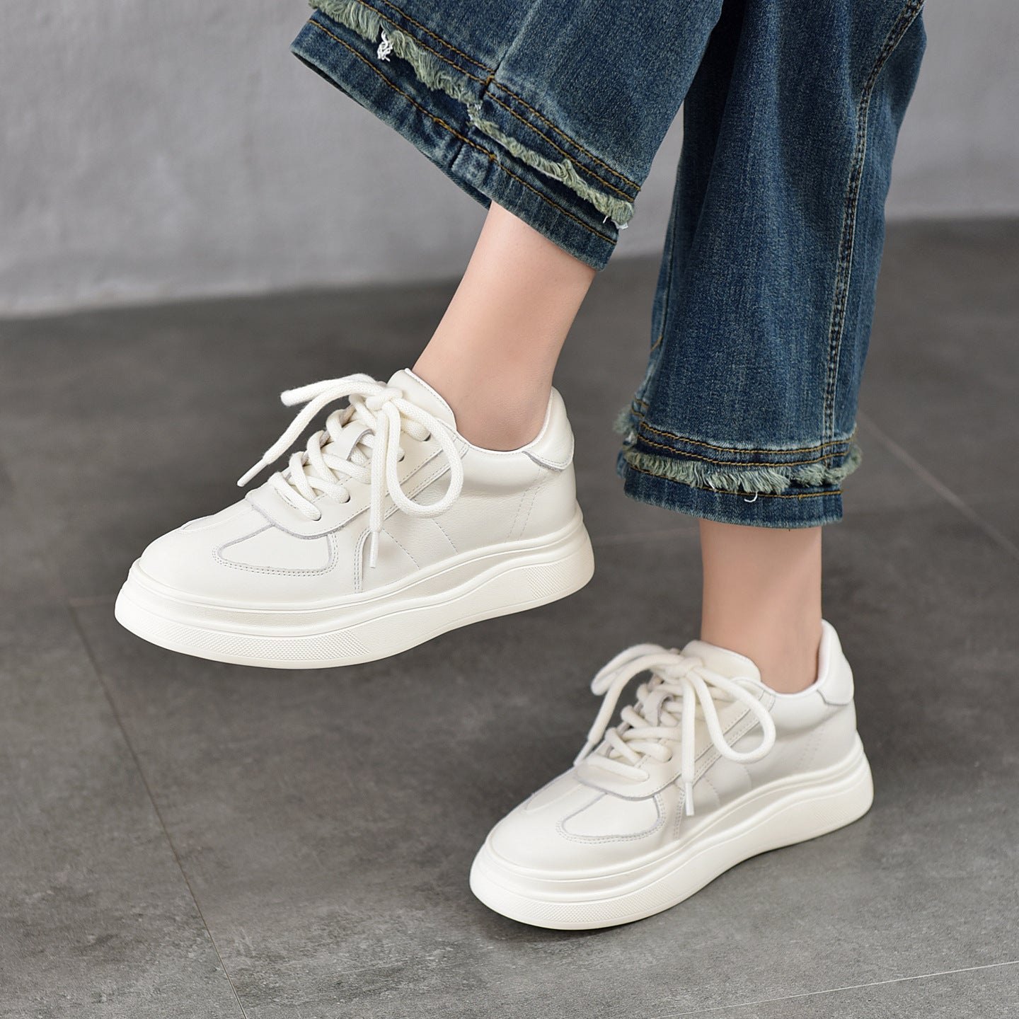 Women's Layer Cowhide White Lightweight Platform Pumps Spring Sports Casual Shoes