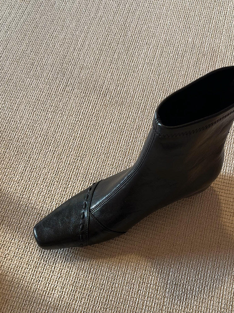 Women's Version Square Toe Genuine Simple Skinny French Gentle Back Zipper Women's Leather Boots