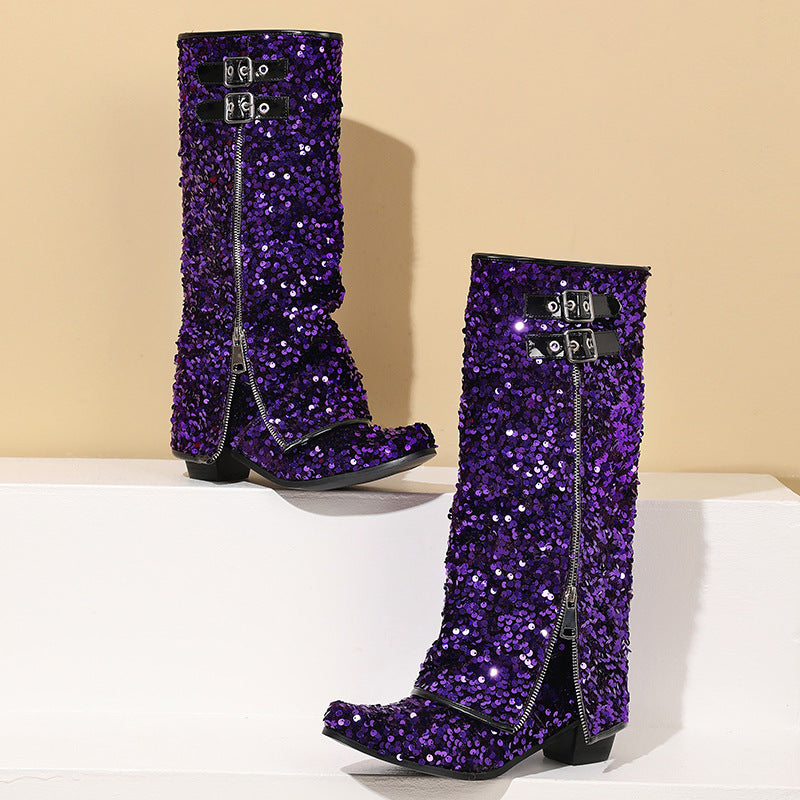 Women's Sequined Zipper Assorted Colors Low High Women's Leather Boots