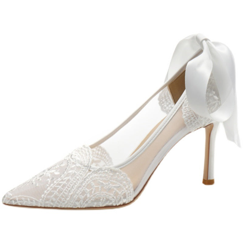 Women's Lace Bridesmaid White Pointed High Stiletto Design Sense Women's Fashion Shoes