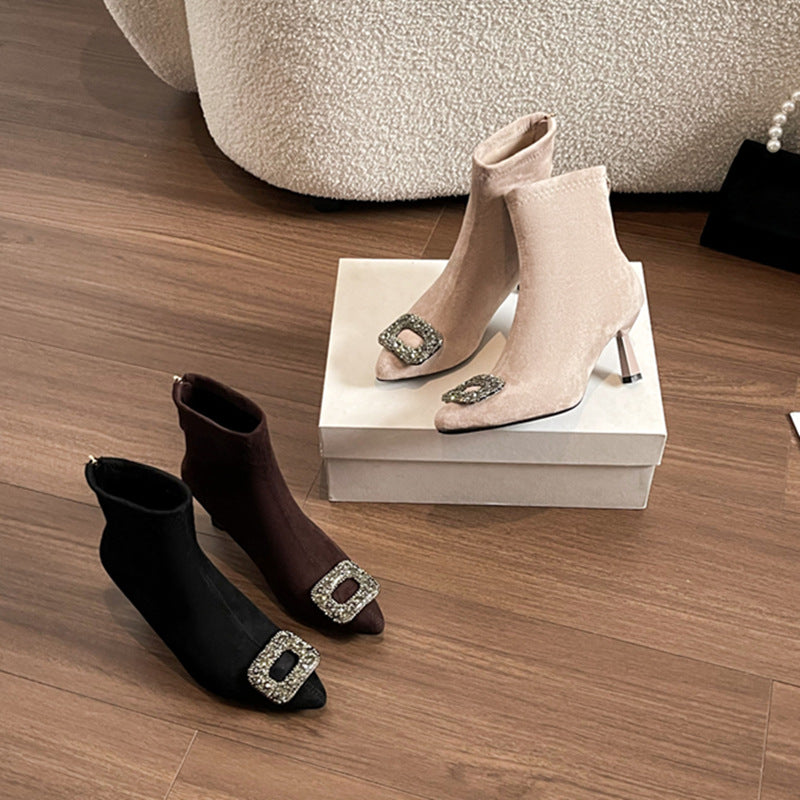 Women's Square Buckle Stiletto Suede Rhinestones High Ankle Stretch Women's Leather Boots