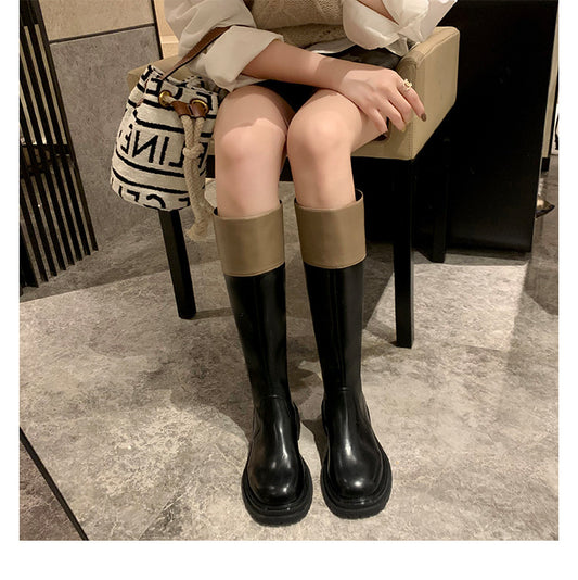 Women's Matching Fashion Round Head Thick Bottom Chunky Women's Leather Boots