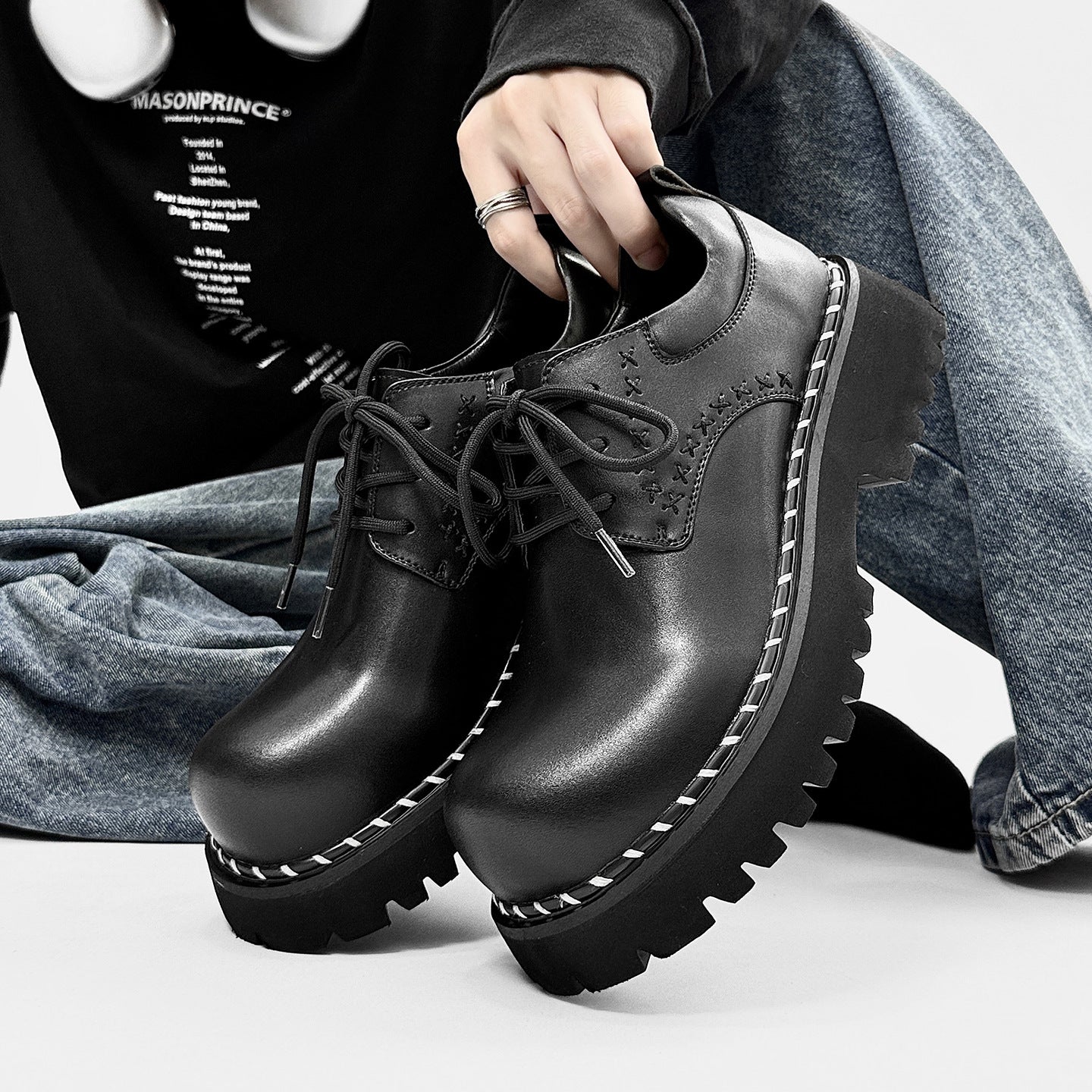 Thick Bottom Derby Elevator Wild Black Retro Design Niche Leather Shoes