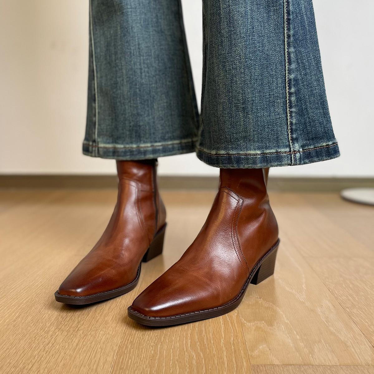 Women's Layer Cowhide Square Toe Short Chunky High British Women's Leather Boots