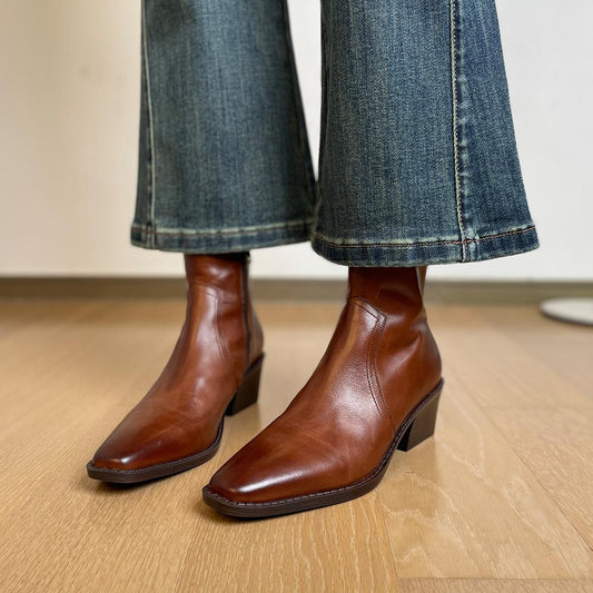 Women's Layer Cowhide Square Toe Short Chunky High British Women's Leather Boots