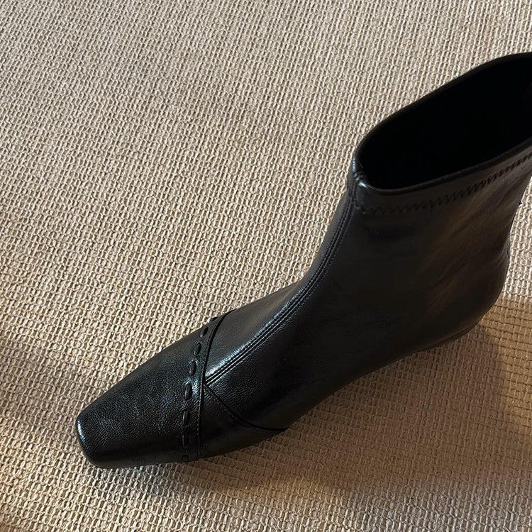 Women's Version Square Toe Genuine Simple Skinny French Gentle Back Zipper Women's Leather Boots