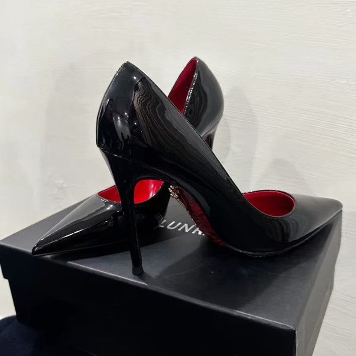 Women's Bottom High Stiletto Beautiful Sexy Black Patent Pointed French Style Heels