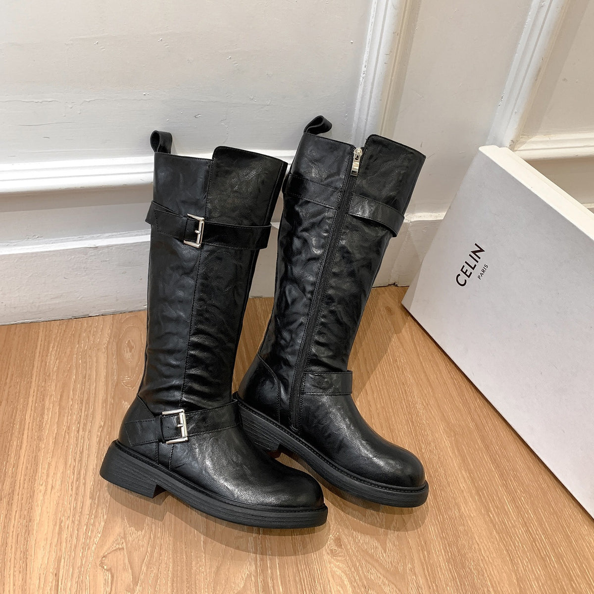 Double Buckle With Round Toe Side Zipper Thick Bottom Long Boots