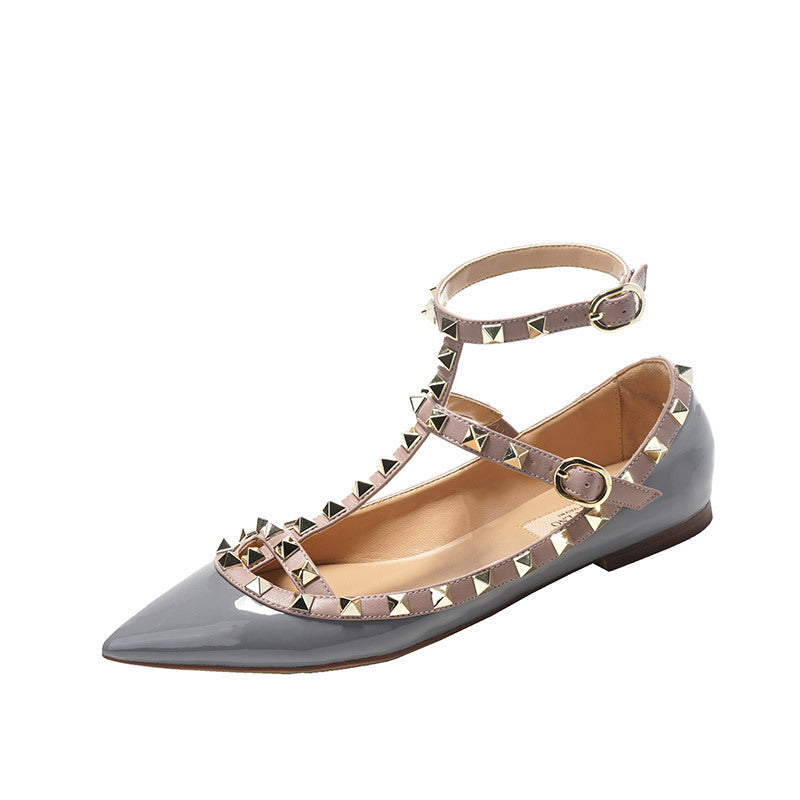 Women's V's Classic Rivet Flat Pointed Toe Shallow Mouth Strap Ballet Women's Fashion Shoes