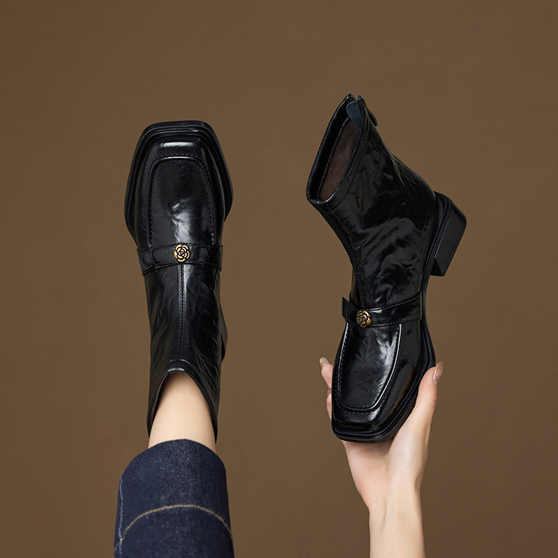 Women's Camellia Cowhide Mid Martin Black Chunky Women's Leather Boots
