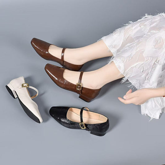 Women's Retro Square Toe French Shallow Mouth Flat Stylish Low Temperament Women's Fashion Shoes