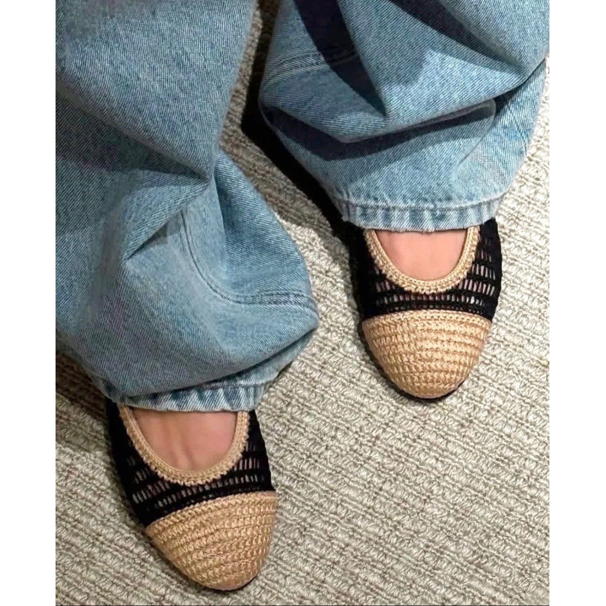 Women's Color Matching Straw Mesh Hollow Flat Women's Fashion Shoes