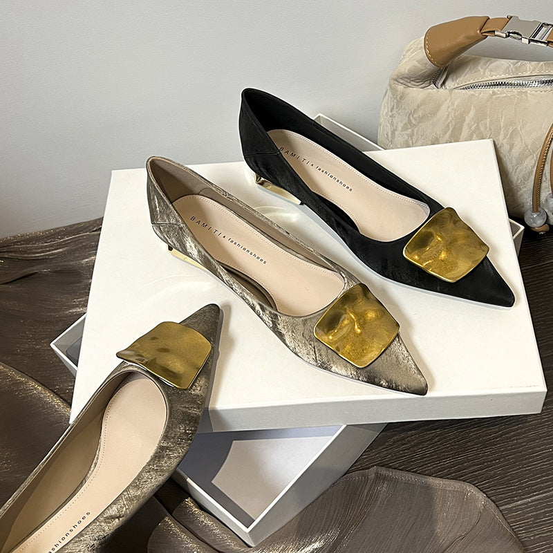 French Style Low Metallic Decorative Button Women's Fashion Shoes