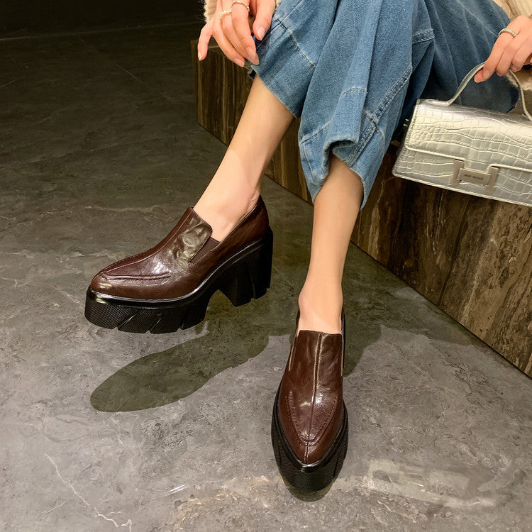 Women's Pointed Toe Platform Genuine Spring Waterproof Thick High British Leather Shoes