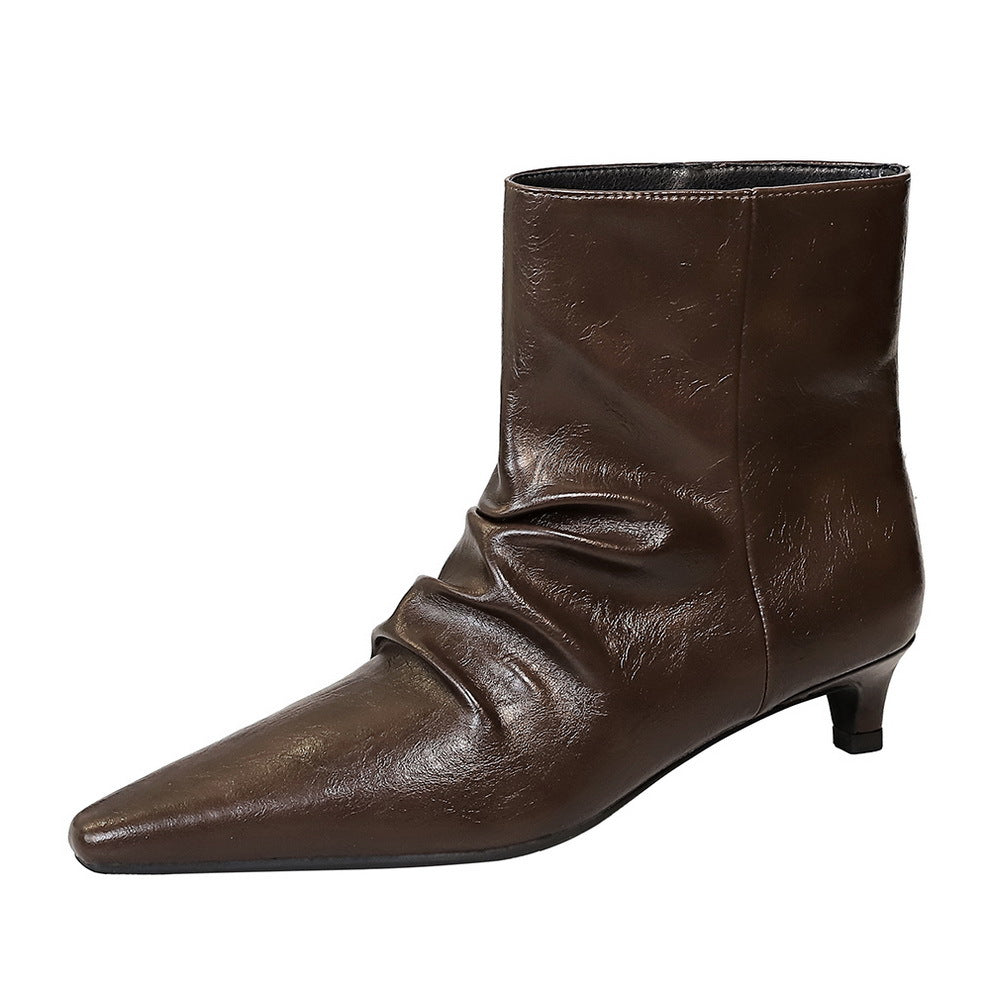 Women's Retro Fashion Stiletto Short Tube Pleated Women's Leather Boots