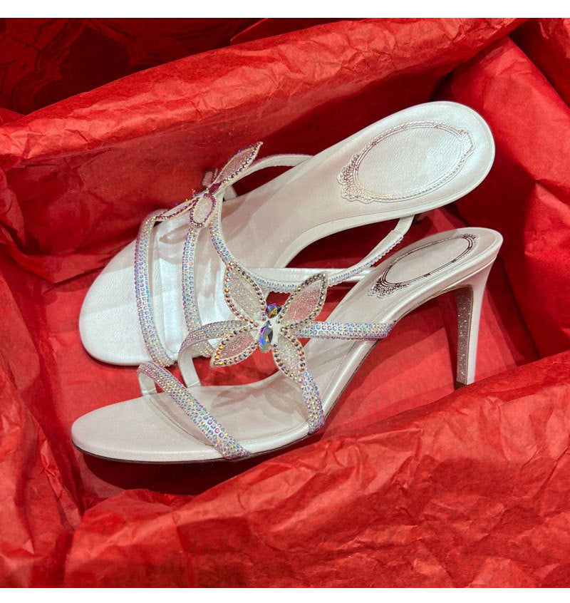 Women's Rhinestone Spring Stiletto Open Toe Bow Cross Strap High Heeled Sandals