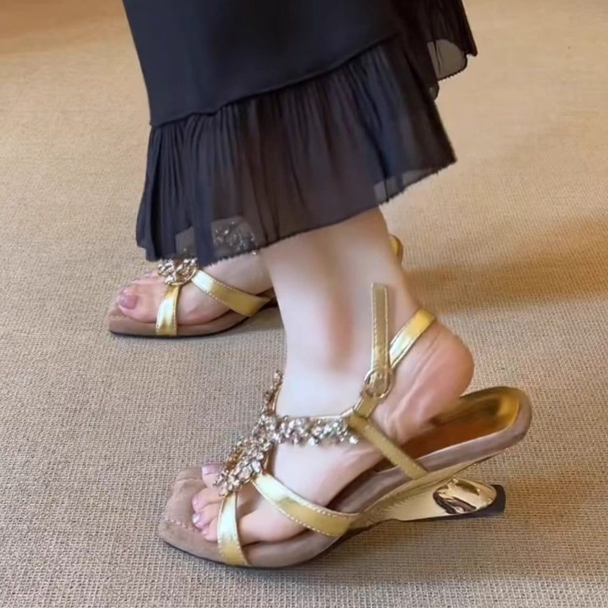 Women's Cowhide Niche High-grade Gold Rhinestone Wedge Summer Abnormal Heels