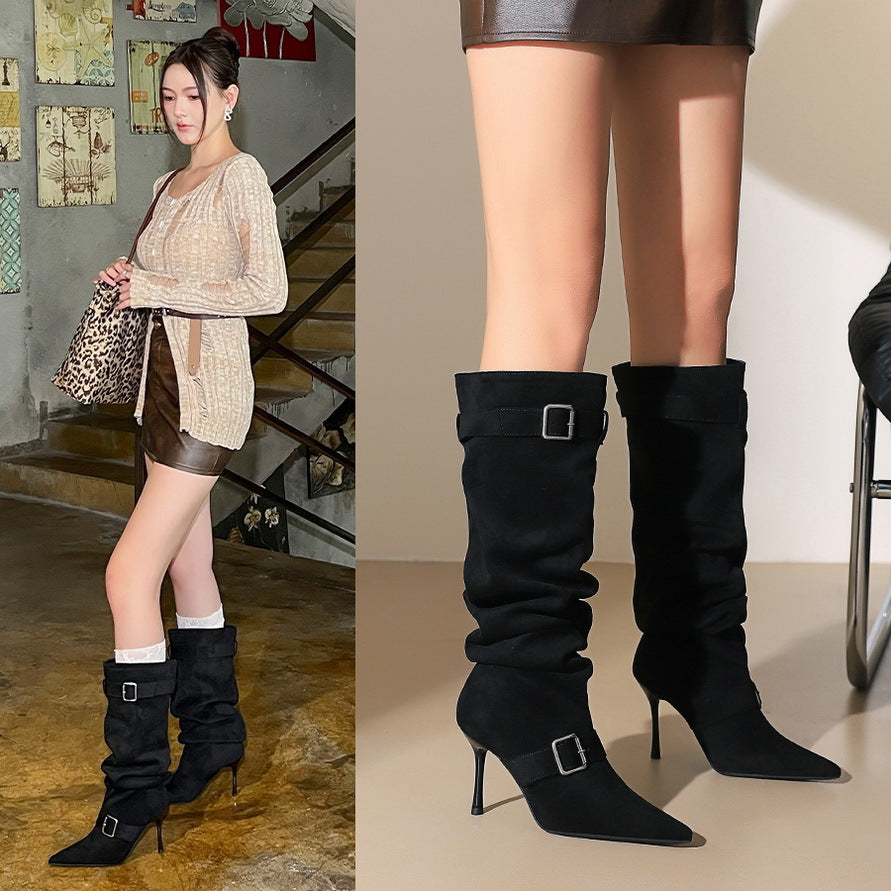 Women's Slimming Belt Buckle Pointed Pleated Pile Style High Heels