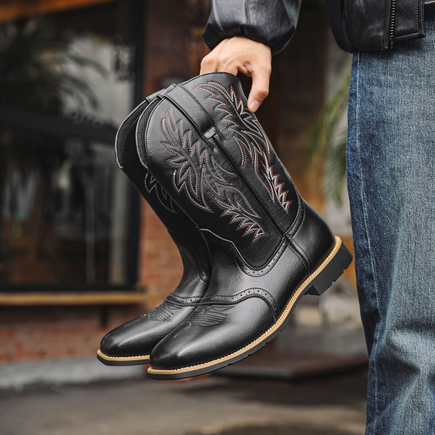 High Embroidered Retro Wide Head Western Cowboy Bags Packaging Men's Leather Boots