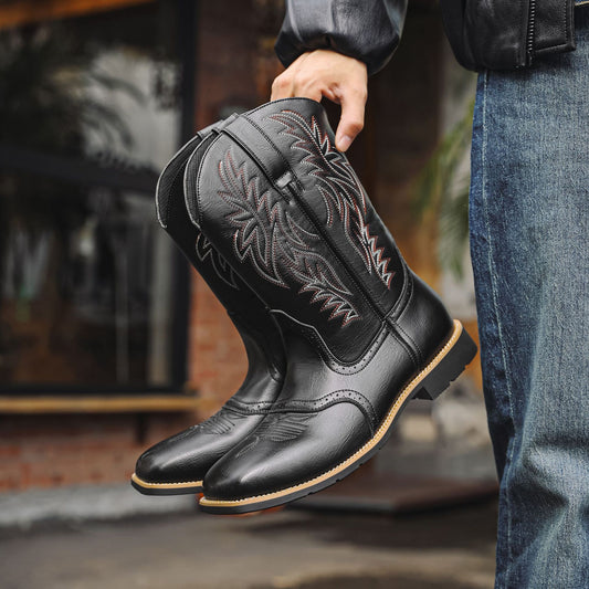 High Embroidered Retro Wide Head Western Cowboy Bags Packaging Men's Leather Boots