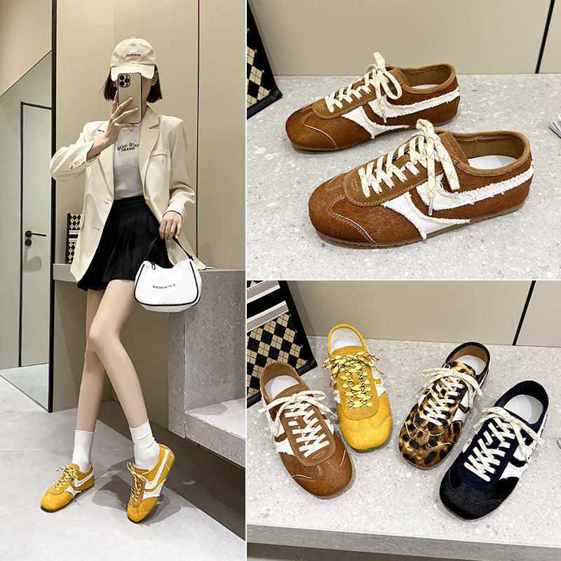 Women's Genuine Real Horse Fur Leopard Print Argan Retro Contrast Color Women's Sports Shoes