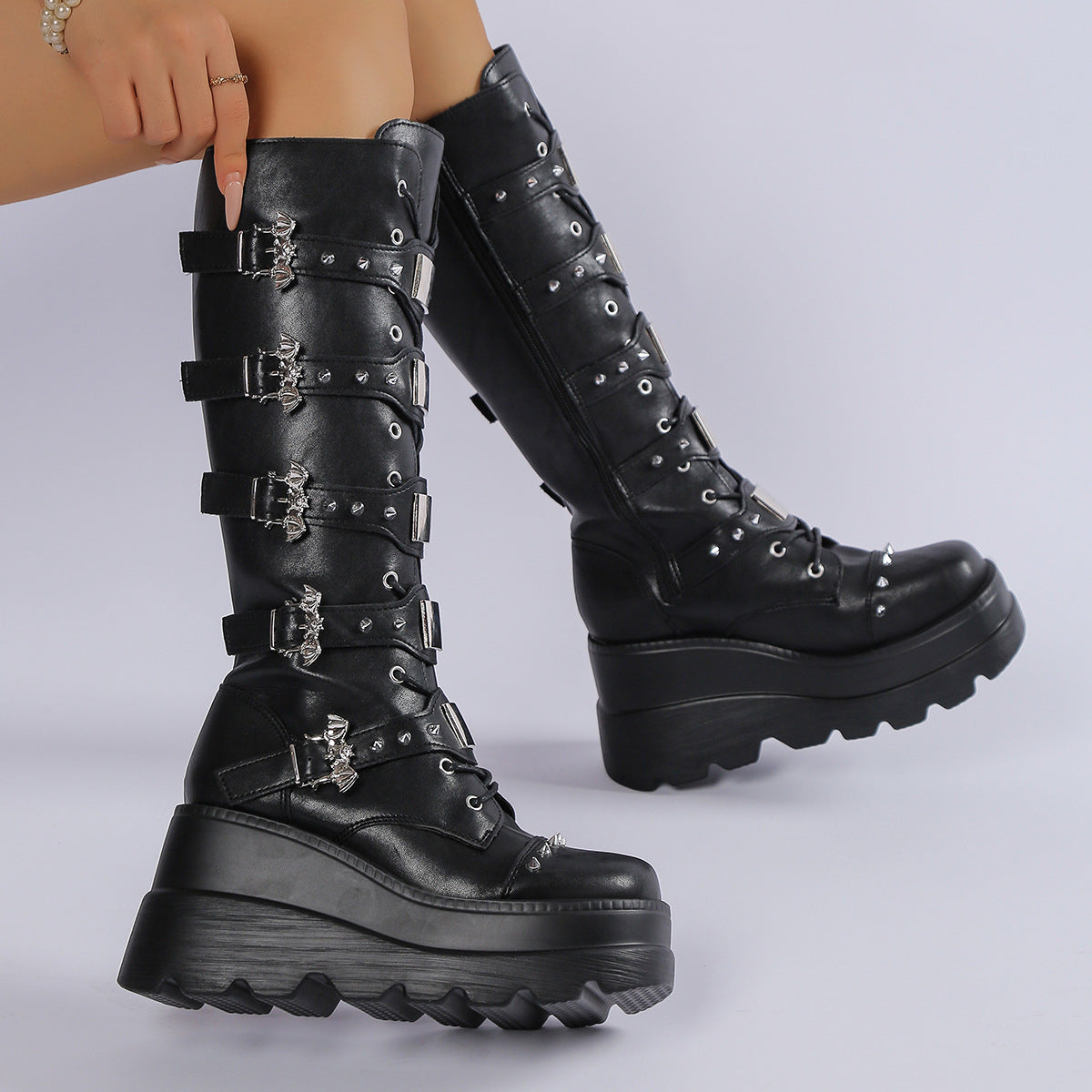 Plus Size Wedge Belt Buckle Punk Rivet Women's Leather Boots