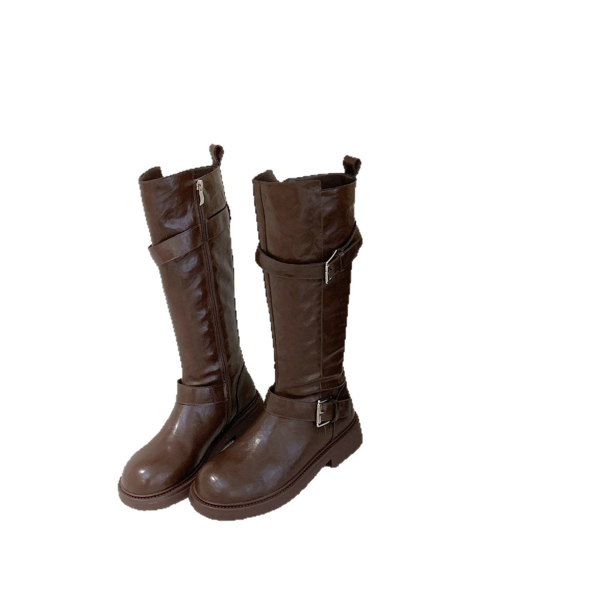Double Buckle With Round Toe Side Zipper Thick Bottom Long Boots