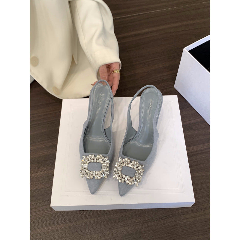 Niche French Style Dignified Rhinestone Closed Toe High Heeled Sandals