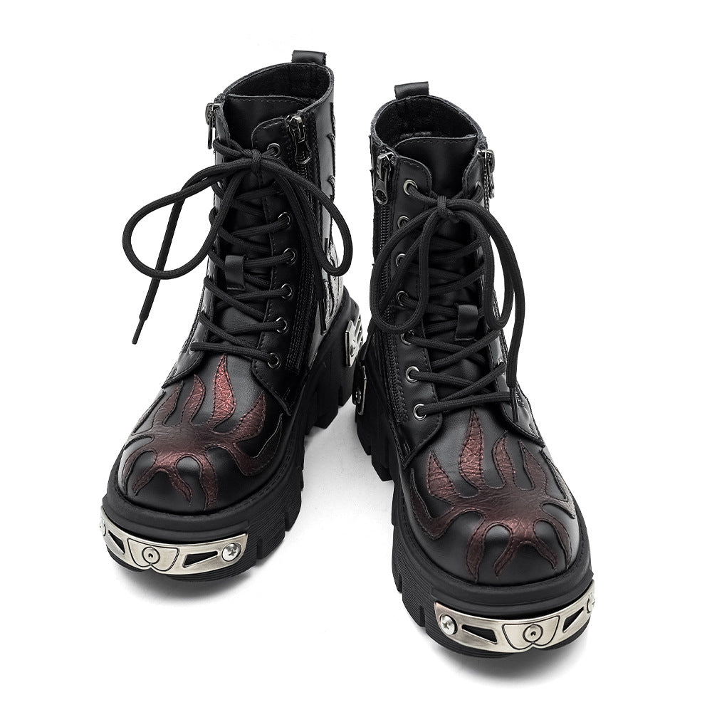 Women's & Men's Flame Thick Bottom Punk Retro Tank Height Increasing Boots