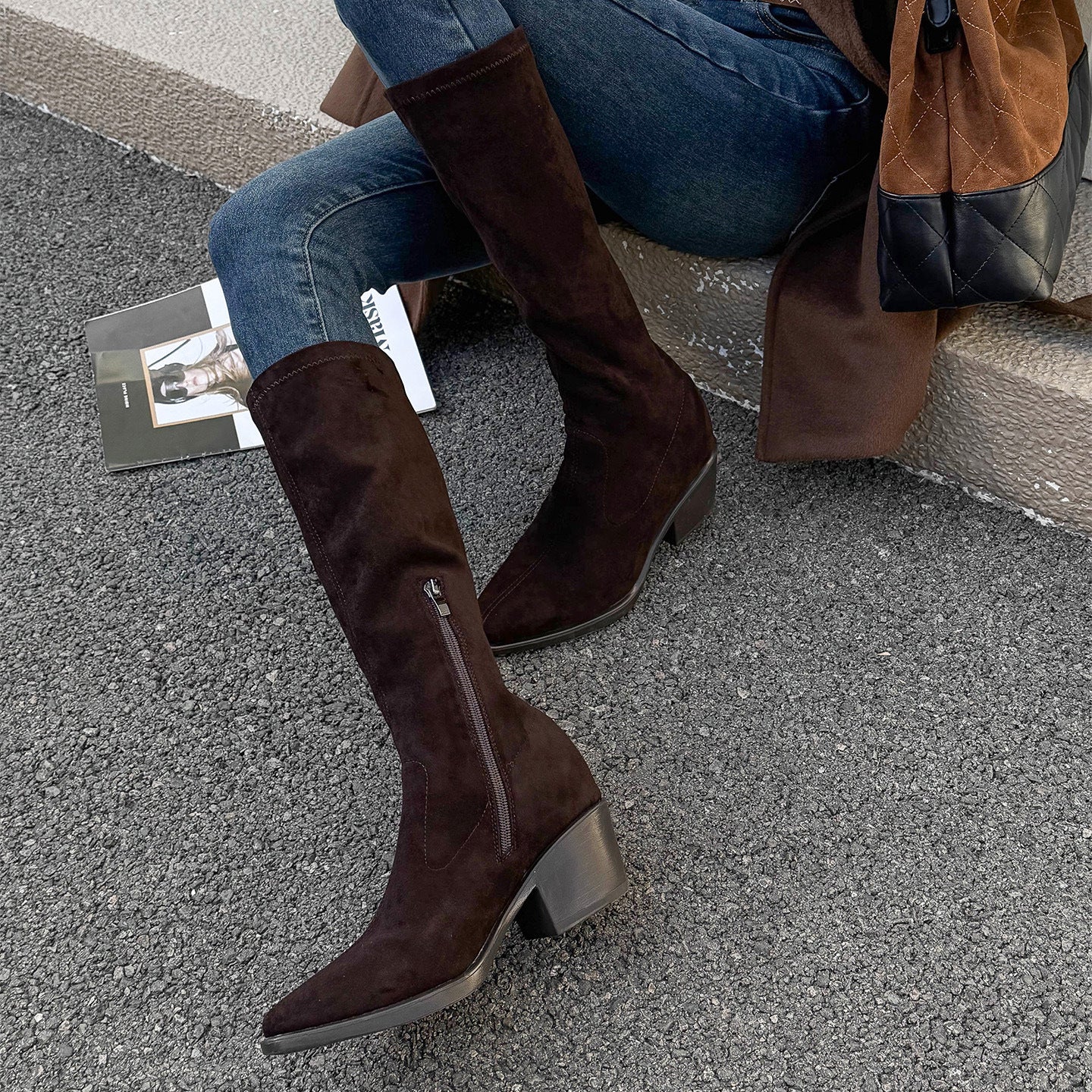 Cowboy Below The Knee Retro Long Female Chunky Height Women's Leather Boots