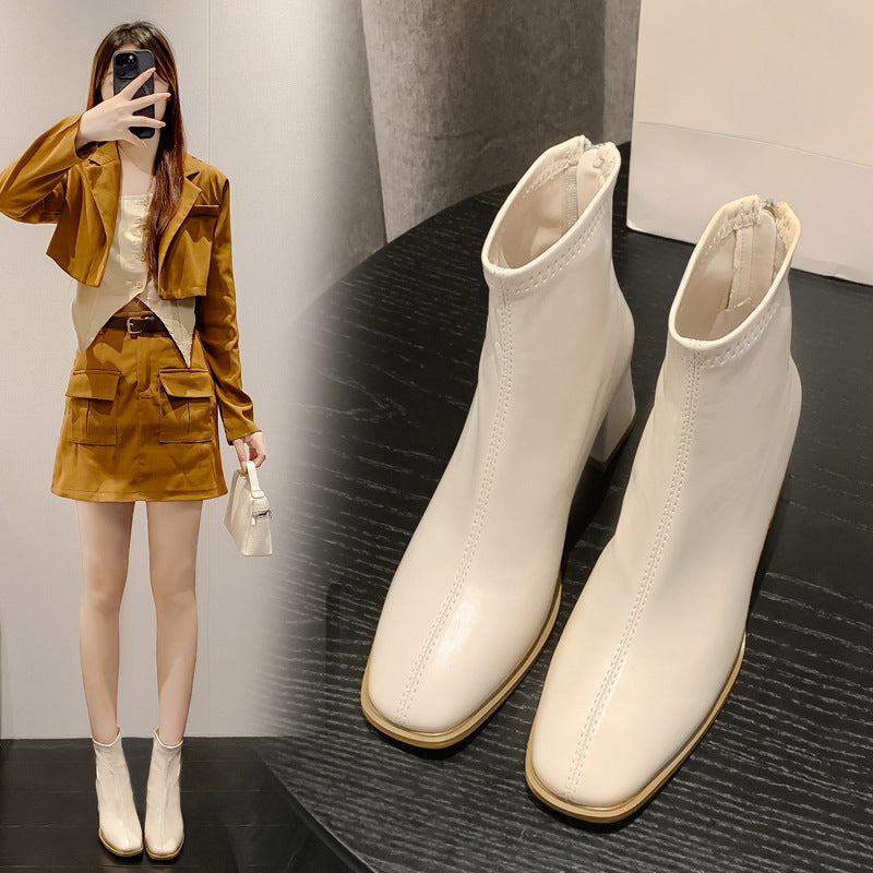 Women's Small Size Chunky Square Toe Booties Versatile Fashion Women's Leather Boots