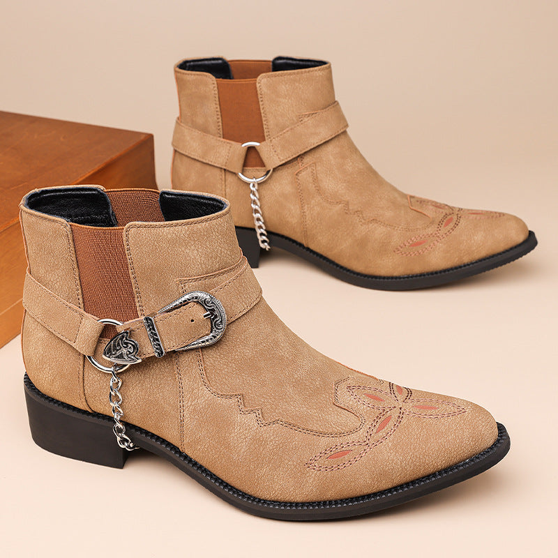 Men's Western Cowboy Matte Chelsea Punk Chain Buckle Men's Martin Boots